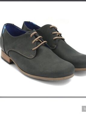 John Fluevog women’s derby 9 Dark Gray Derby Shoes with Tan Accents